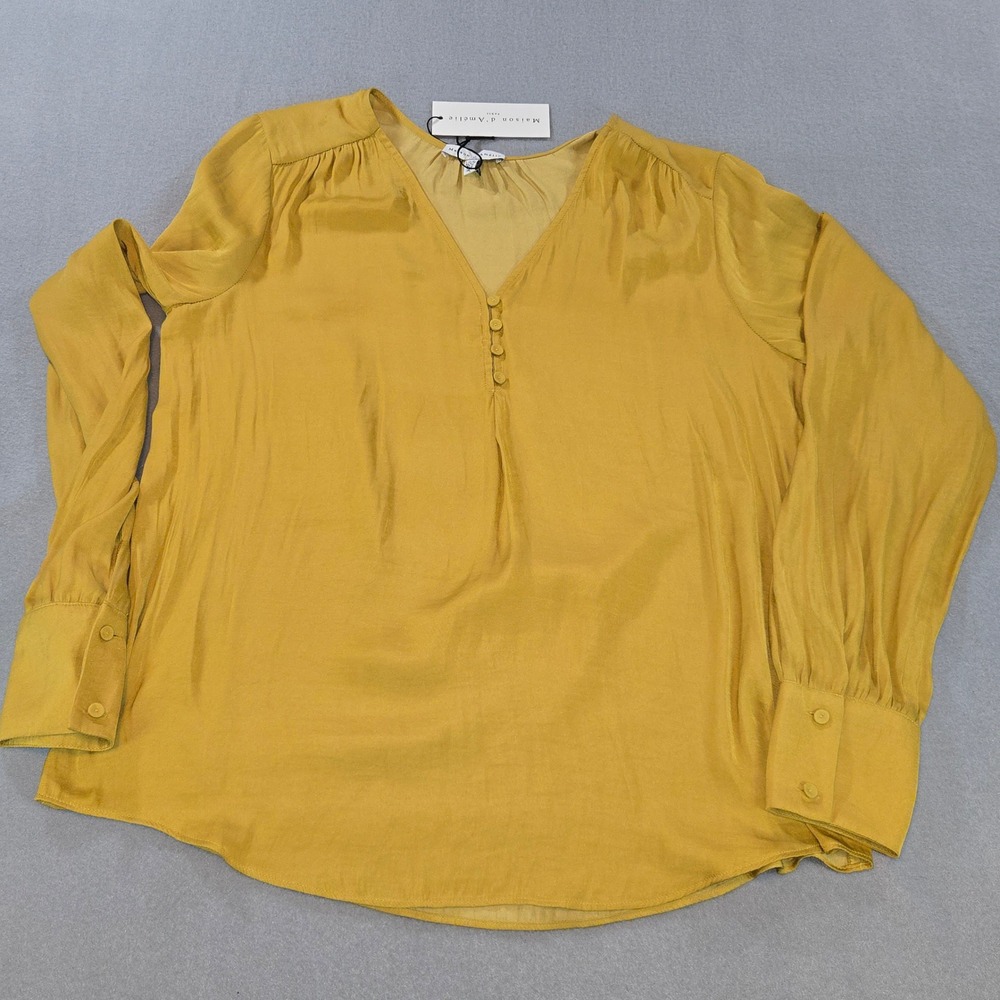 Maison d'Amélie Blouse Women Medium Mustard Yellow V-Neck Long Sleeve Button